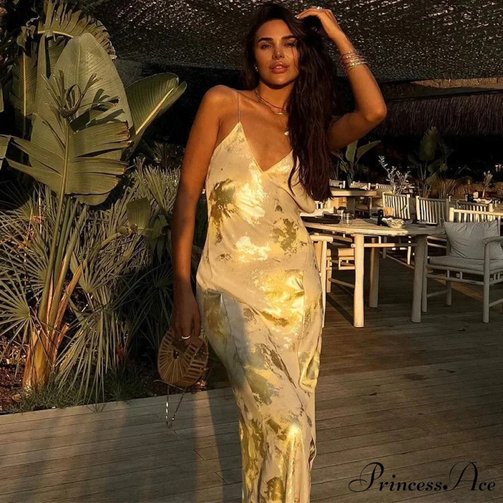 Shiny Sparkling Sexy Backless V Neck Maxi Dress - Image 2