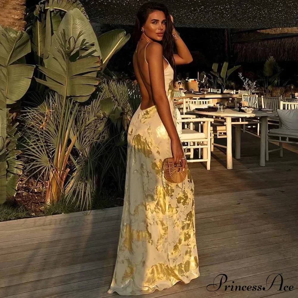 Shiny Sparkling Sexy Backless V Neck Maxi Dress - Image 3
