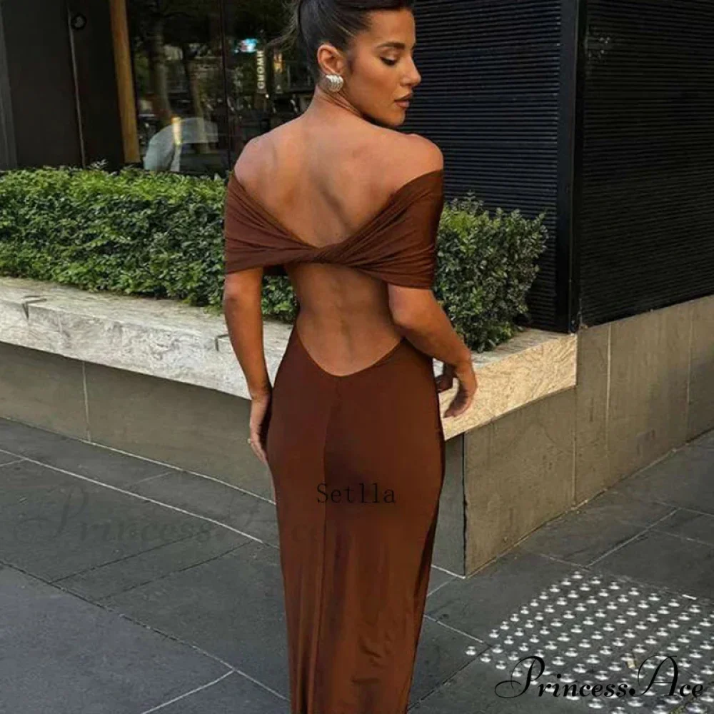 Ruched Off Shoulder Back Split Sexy Backless Maxi Dress - Image 2