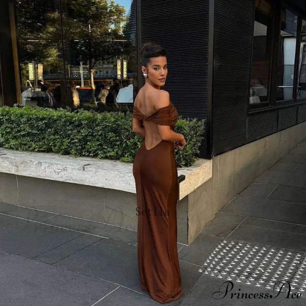 Ruched Off Shoulder Back Split Sexy Backless Maxi Dress - Image 4