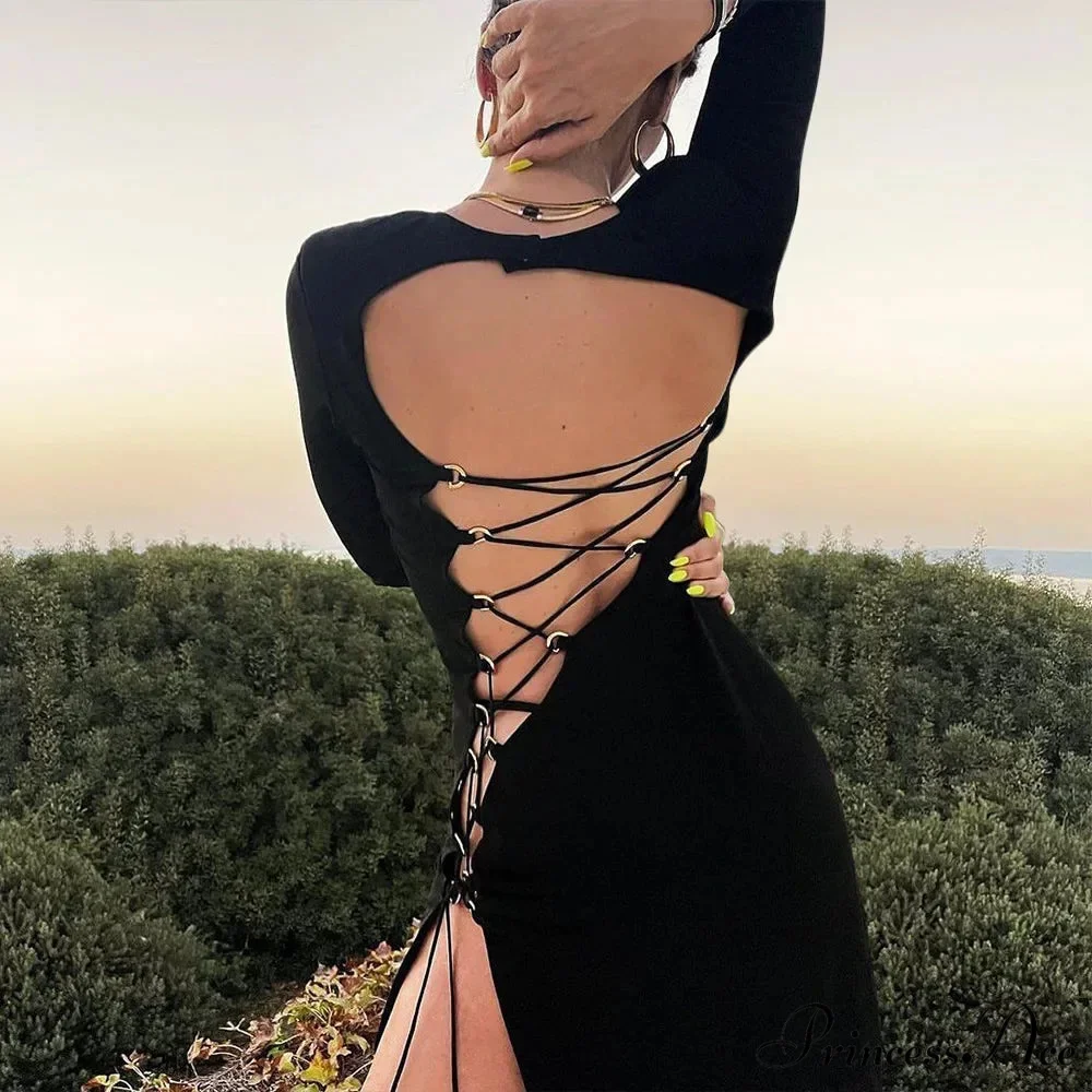 Fashion Fall Bandage Sleeve Backless Elegant Club Split Maxi Dress - Image 2