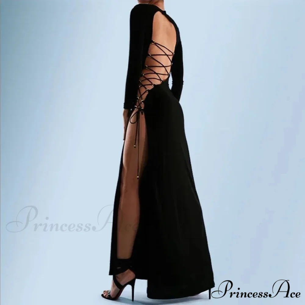 Fashion Fall Bandage Sleeve Backless Elegant Club Split Maxi Dress - Image 3