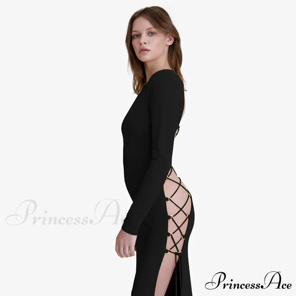 Fashion Fall Bandage Sleeve Backless Elegant Club Split Maxi Dress - Image 4