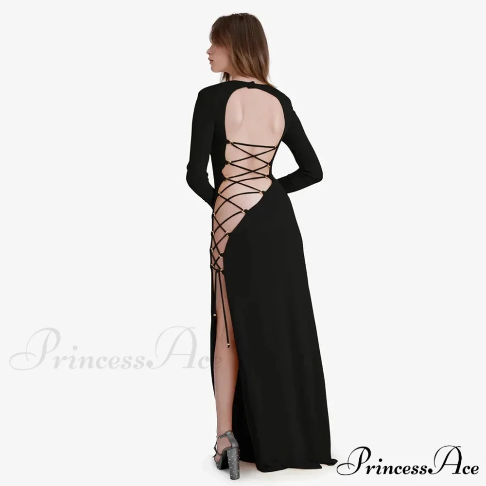 Fashion Fall Bandage Sleeve Backless Elegant Club Split Maxi Dress - Image 5