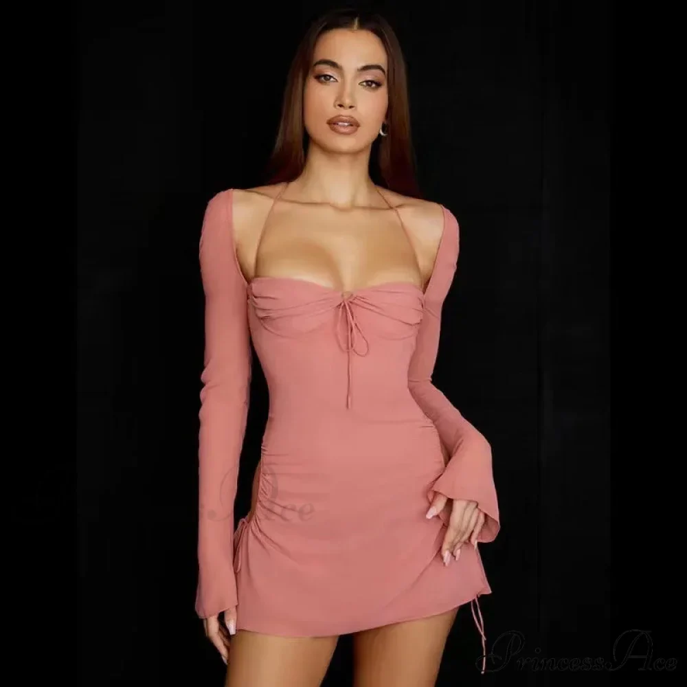Summer Casual Long Sleeve Solid Bandage Accessory Y2K Vestidos Korean Popular Cut Out Dress - Image 2