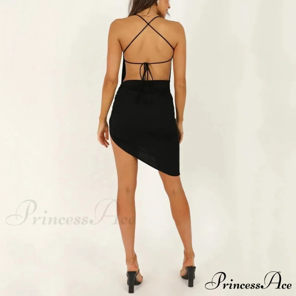 PROMOTION Summer Solid Color Women's Hollow Out Korean Leisure Elegant Mini Y2K Clothes Sexy Irregular Top Cut Out Dress - Image 4