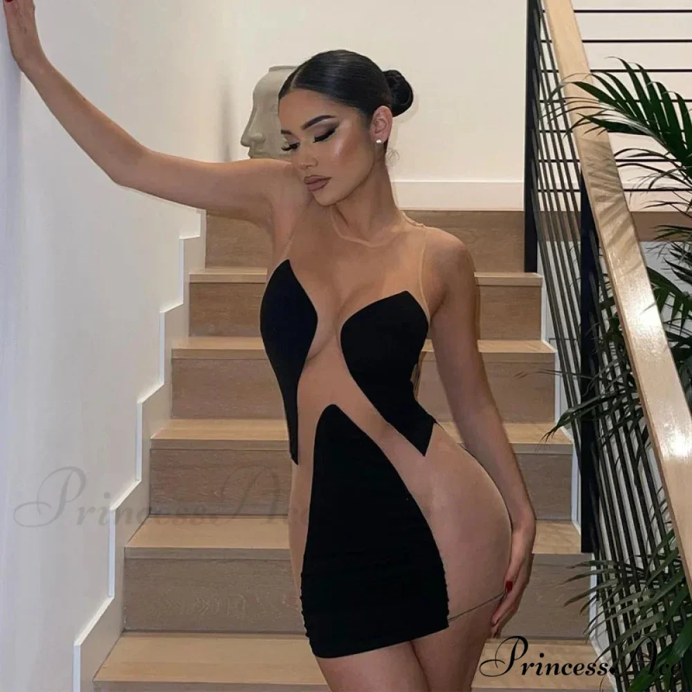 Summer New Line Women's Mesh Perspective Splice Milk Silk Contrast Cut Out Dress