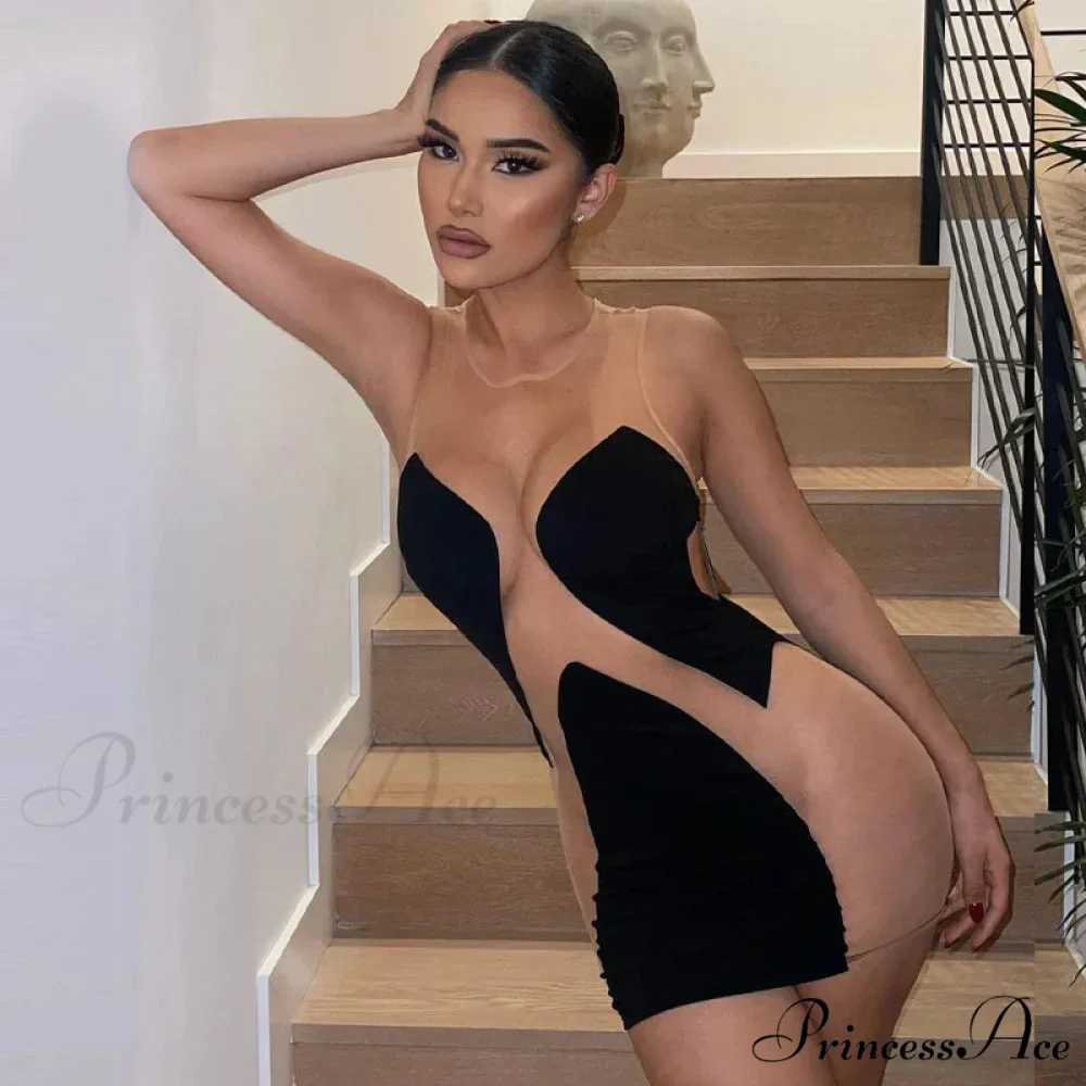 Summer New Line Women's Mesh Perspective Splice Milk Silk Contrast Cut Out Dress - Image 3