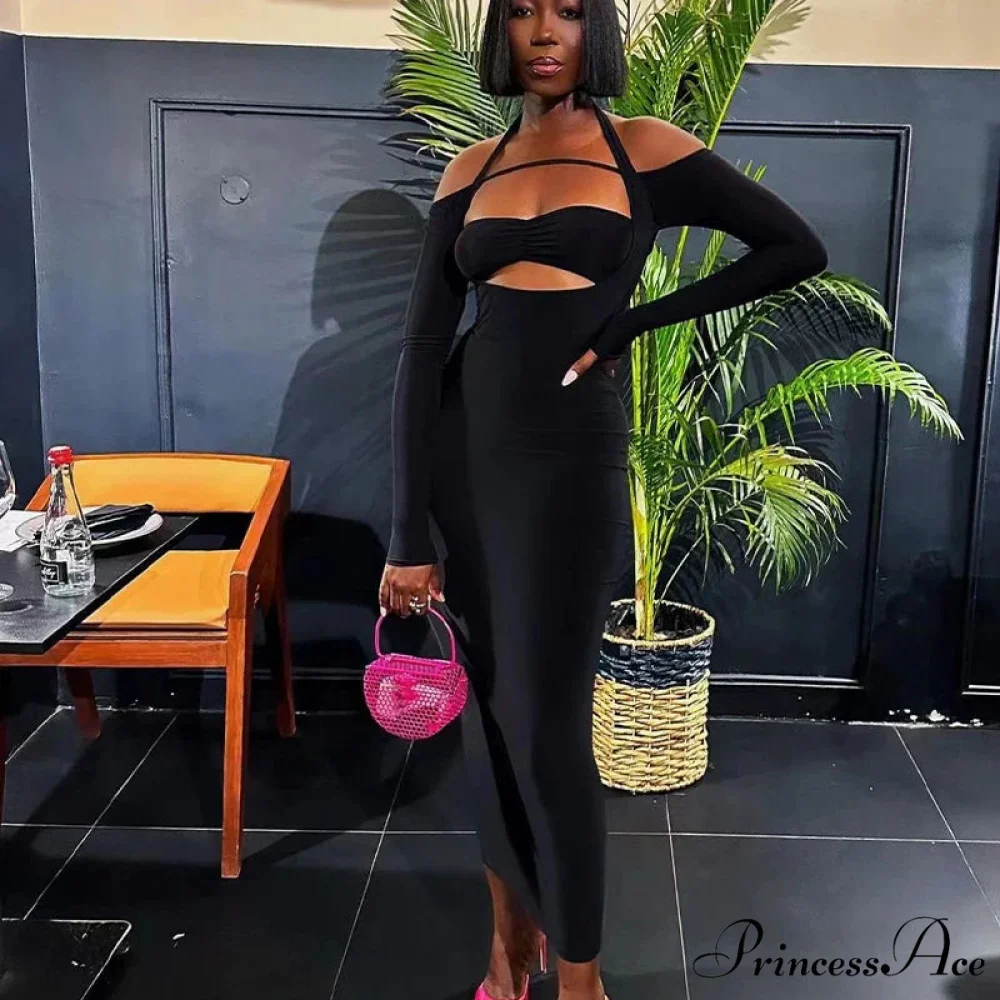 Autumn Fashion Solid Color Slim Fit Bandage Long Sleeve Cut Out Dress - Image 3