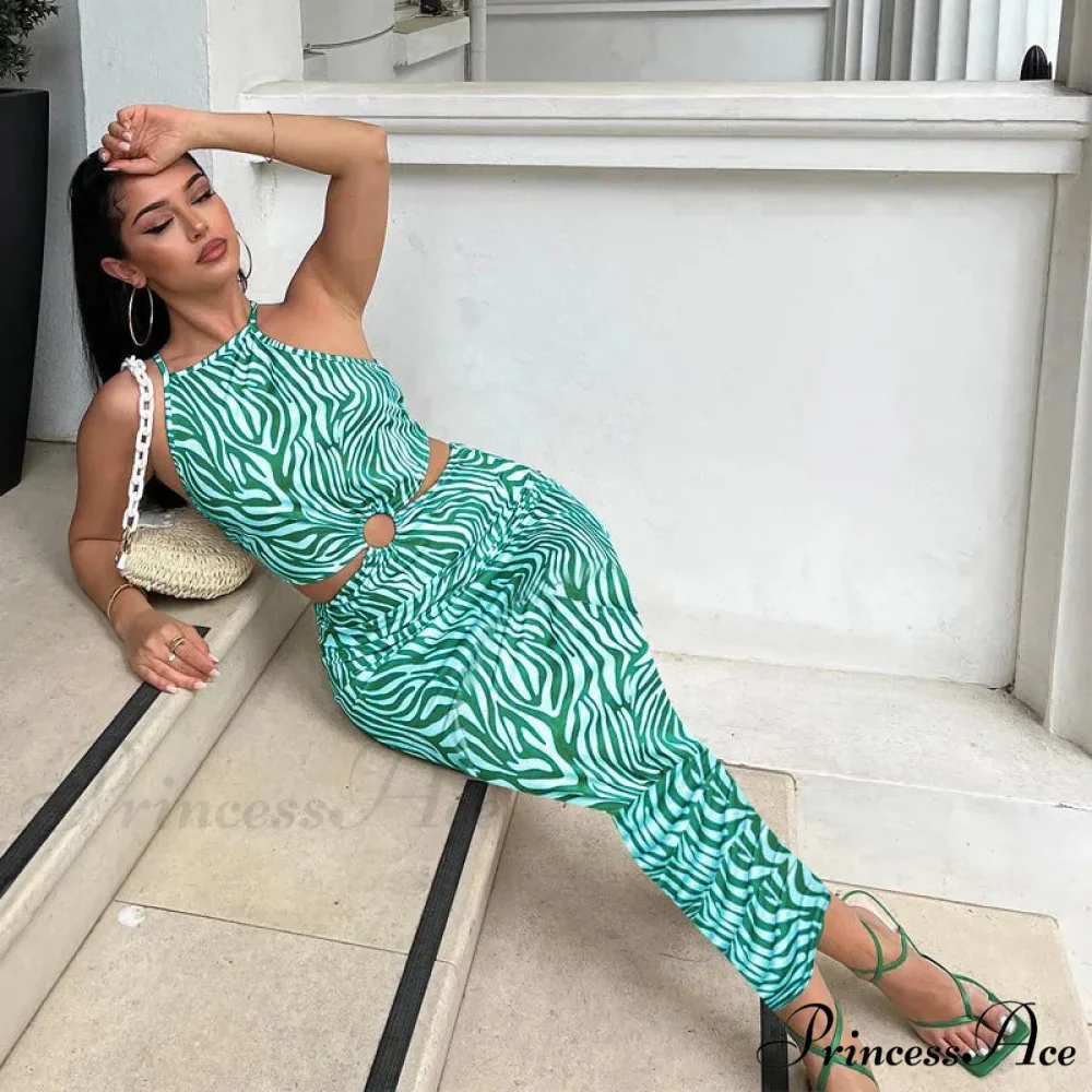 Autumn New Line Hanging Neck Circle Decoration Off Waist Print High Waist Slim Fit Mid Length Cut Out Dress - Image 6