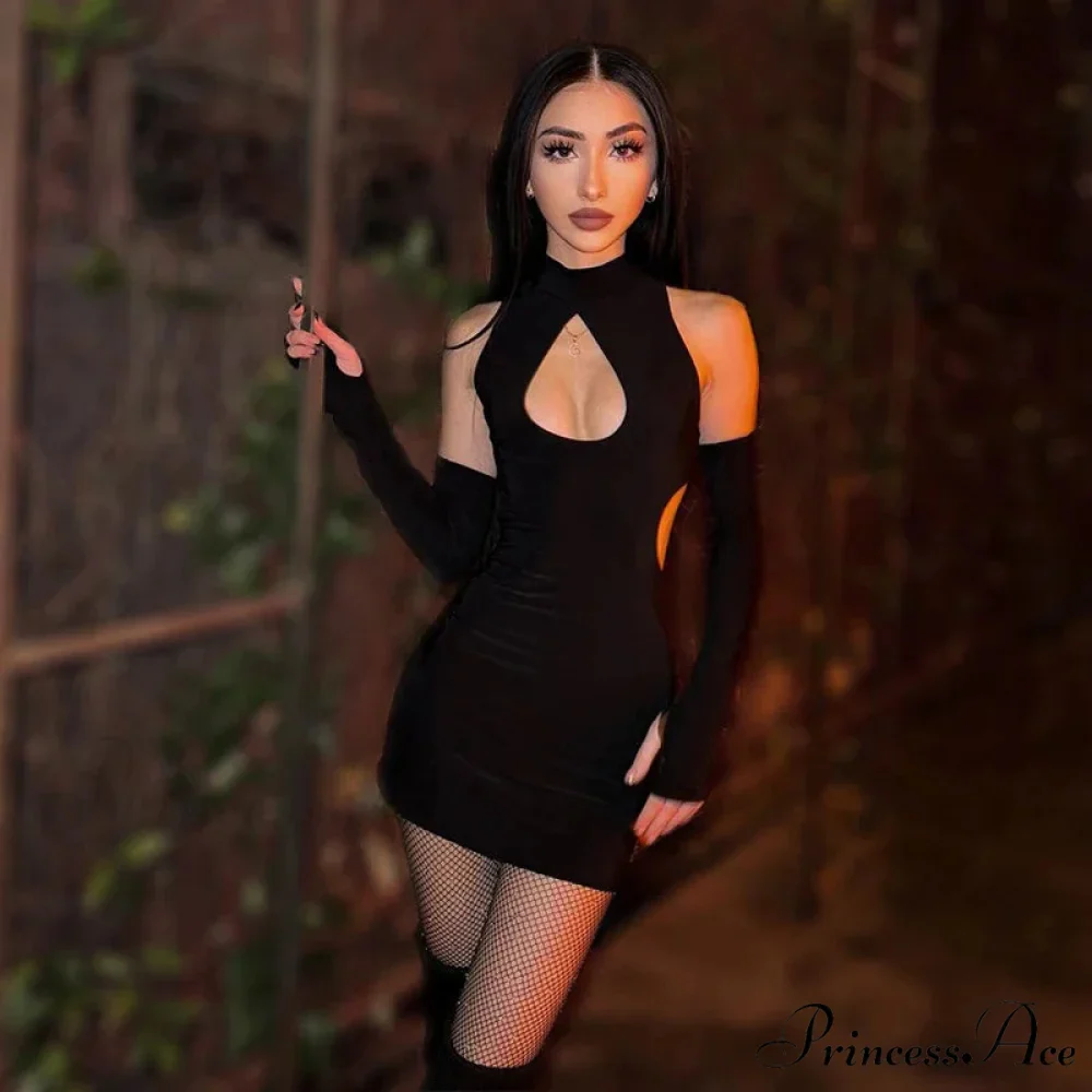Color Front Chest Water Drop Hollowed Out Half Height Leader Suit with Finger Cuffs Tight Cut Out Dress - Image 6