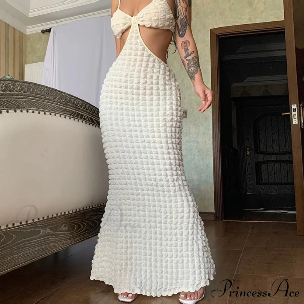 Backless Hollow Out Maxi For Women Popcorn Texture Knitted Bubble Waffle Spaghetti Straps Bodycon Prom Cut Out Dress - Image 3