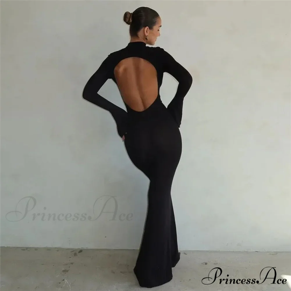 Black TurtleNeck Backless Maxi For Women Elegant Evening Trumpet Sleeves 2024 Autumn Bodycon Long Cut Out Dress