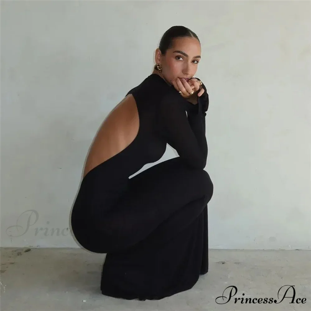 Black TurtleNeck Backless Maxi For Women Elegant Evening Trumpet Sleeves 2024 Autumn Bodycon Long Cut Out Dress - Image 4