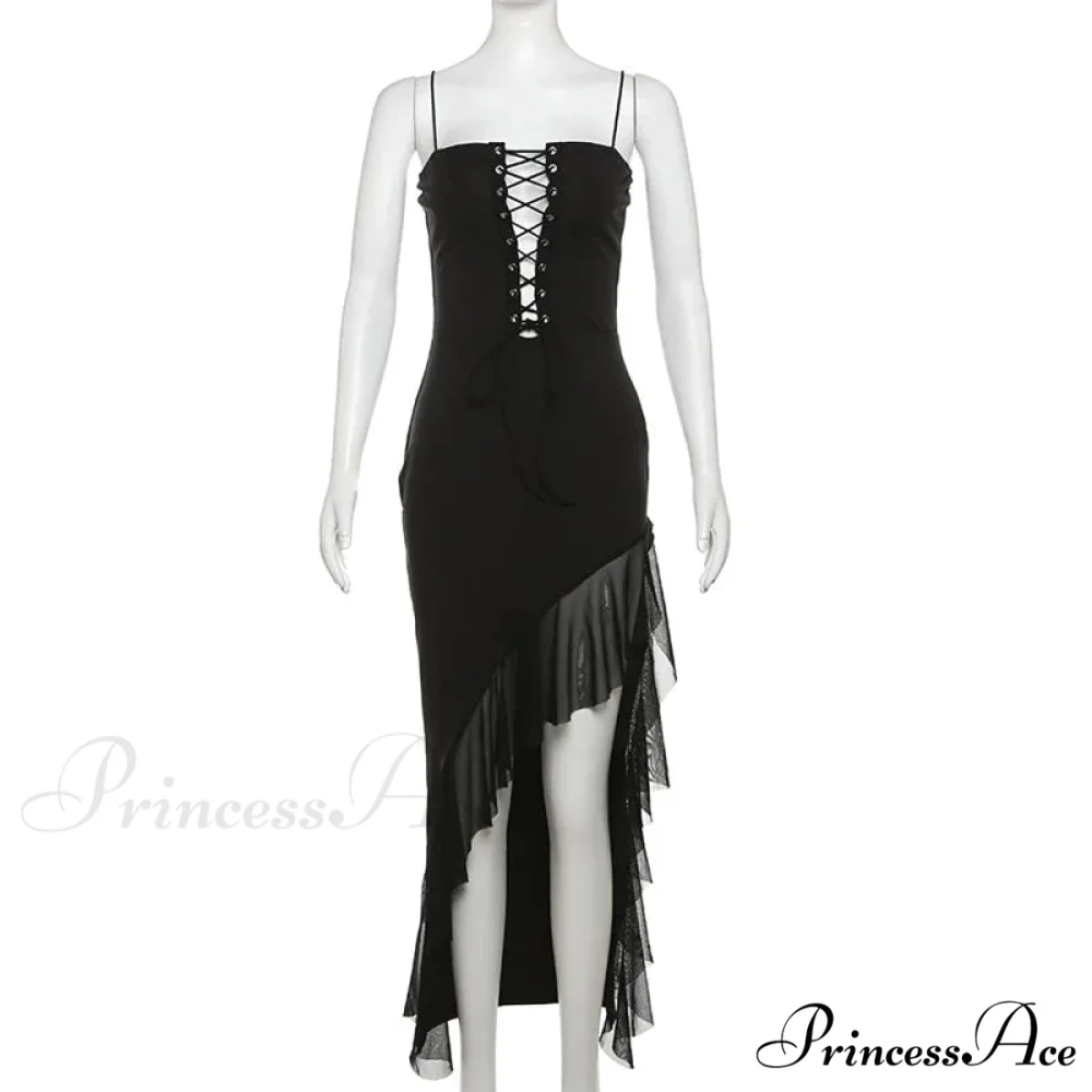 Black Bandage Ruffled Hem 2024 New Women Lace Up Side Split Slim Chic Sleeveless Clubwear Cut Out Dress - Image 4