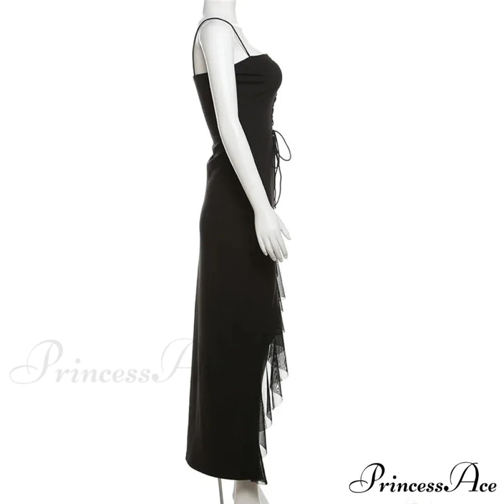 Black Bandage Ruffled Hem 2024 New Women Lace Up Side Split Slim Chic Sleeveless Clubwear Cut Out Dress - Image 5