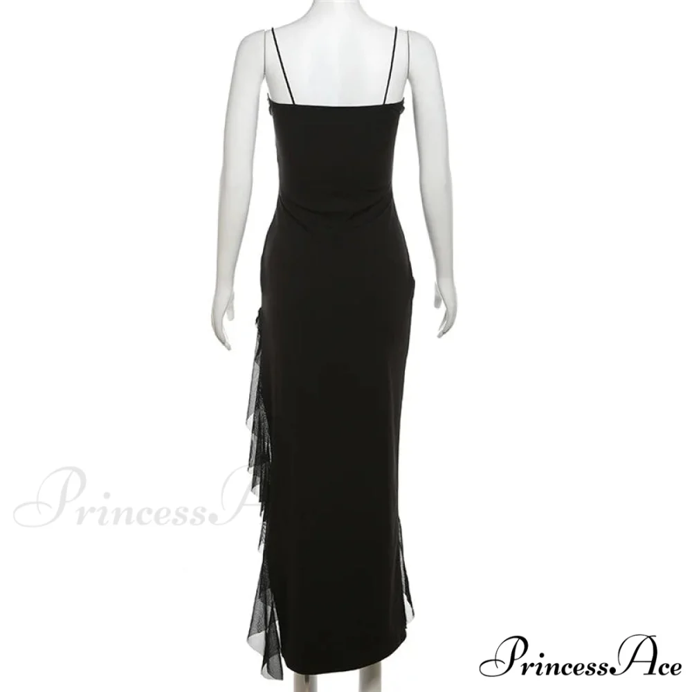 Black Bandage Ruffled Hem 2024 New Women Lace Up Side Split Slim Chic Sleeveless Clubwear Cut Out Dress - Image 6