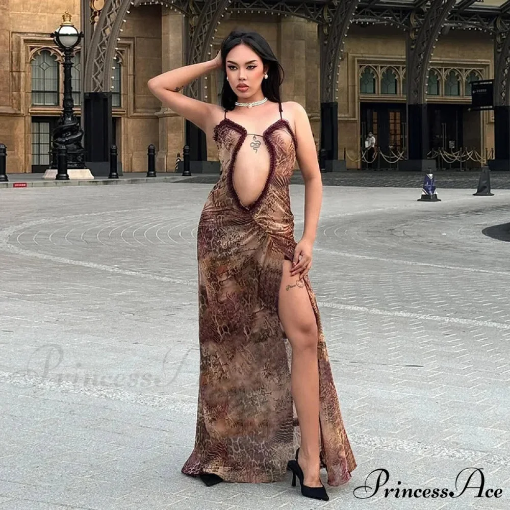 2024 Halter Neck Printed Maxi Mesh Hollow Out Sleeveless High Waist Split Elegant Y2k Par Cut Out Dress - Image 5