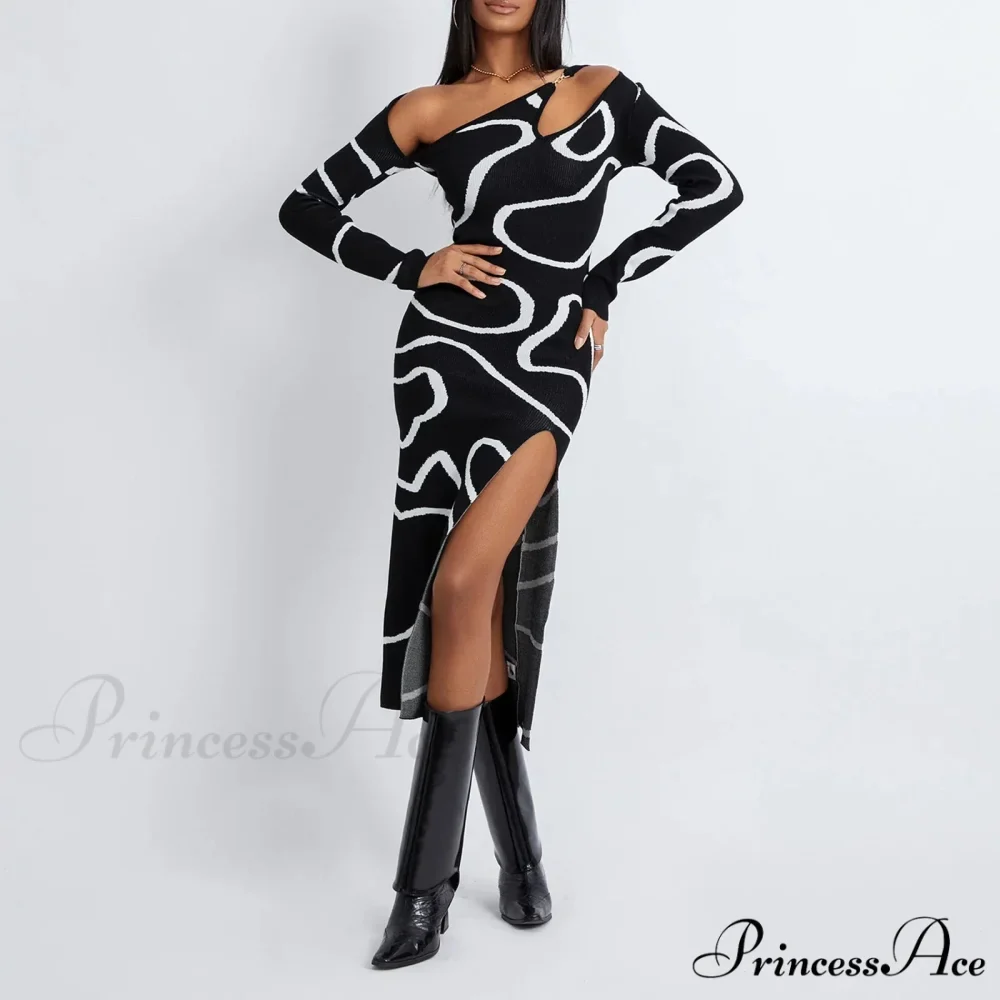 Y2k Women Off Shoulder Long Sleeve Asymmetric Bodycon Split Midi Going Out Vintage Streetwear Cut Out Dress - Image 2