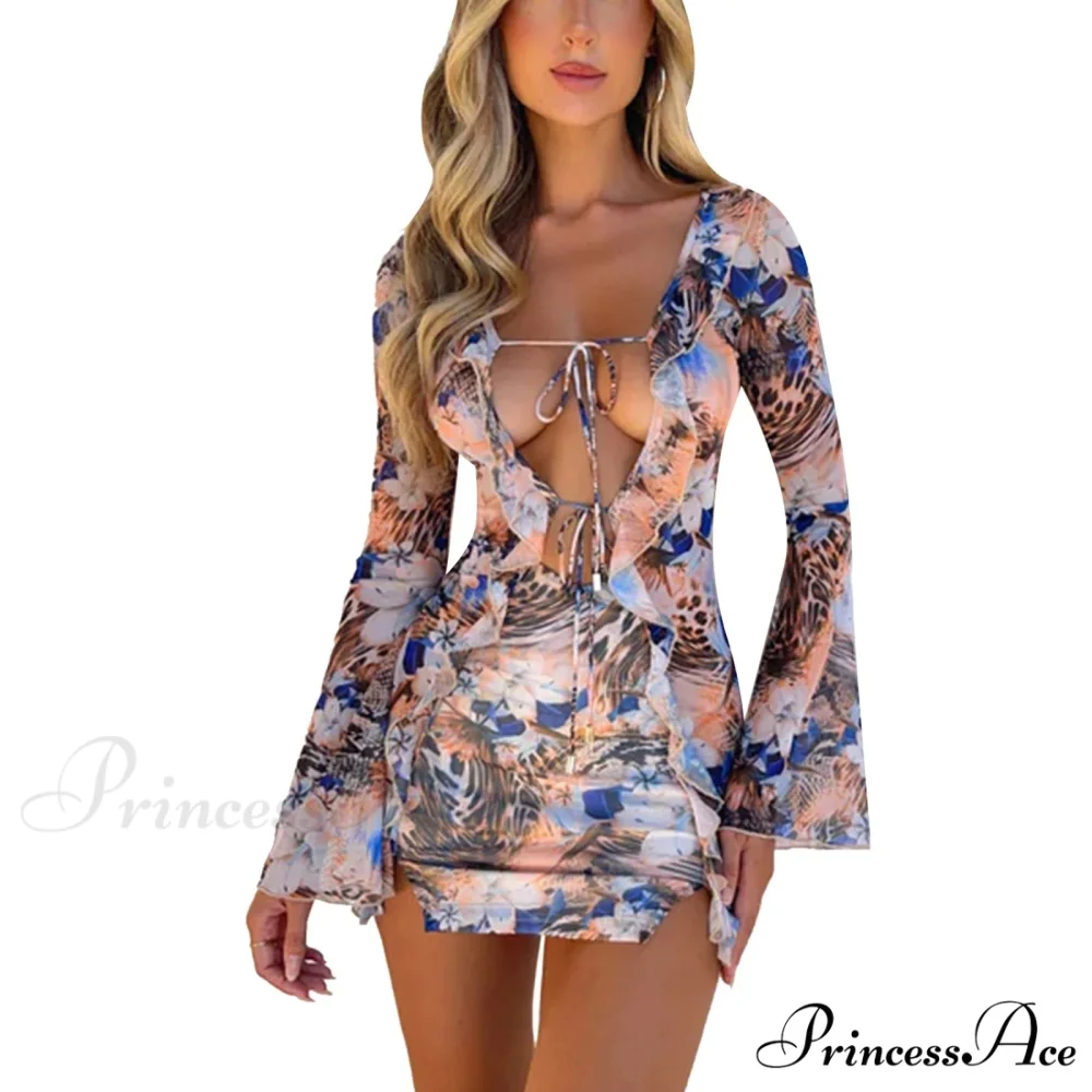 Women Fashion Ruffle Bodycon Low Cut Front Tie-Up Hollow Out Backless Short Summer Beach Sun Cut Out Dress - Image 4