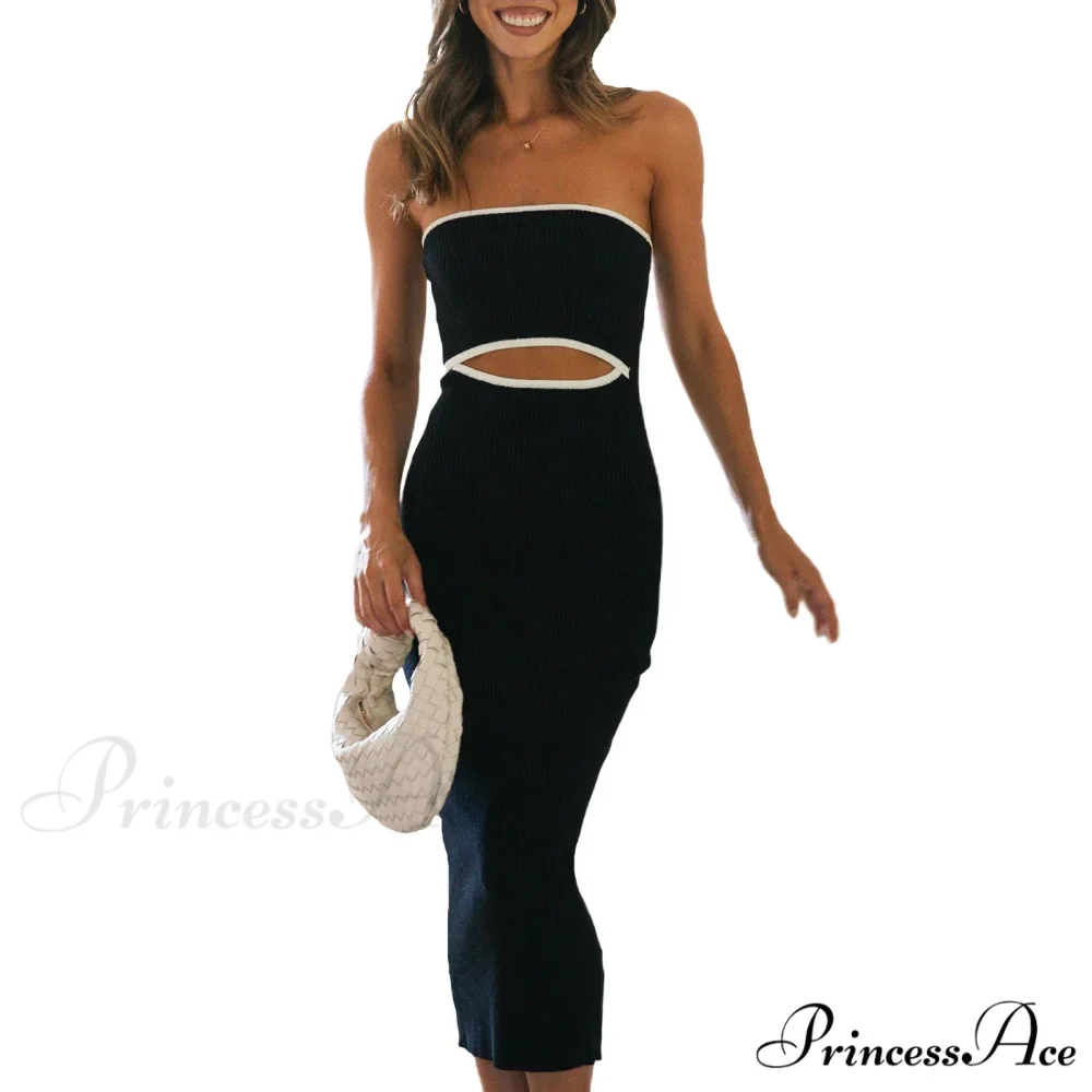 Y2k Women Rib Knit Tube Strapless Bodycon Long Summer Beach Club Bandeau Streetwear Cut Out Dress - Image 8