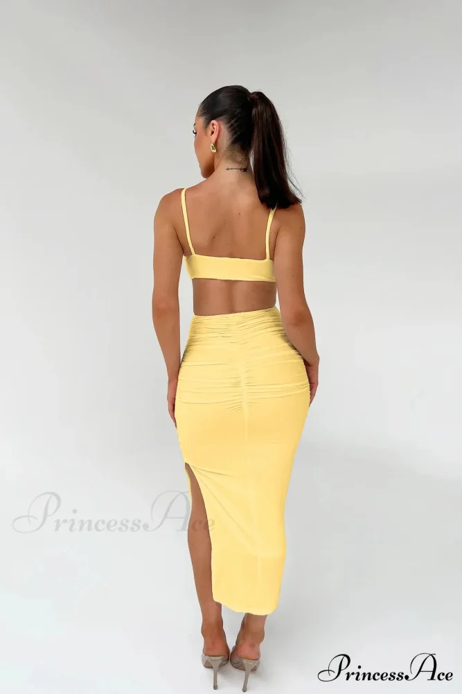 Backless Solid Fold Pleated Side Slit Summer New Women's Suspender Wrapped Buttocks Long Skirt Cut Out Dress - Image 2