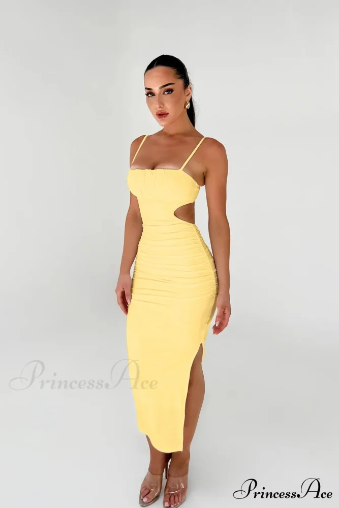 Backless Solid Fold Pleated Side Slit Summer New Women's Suspender Wrapped Buttocks Long Skirt Cut Out Dress - Image 3