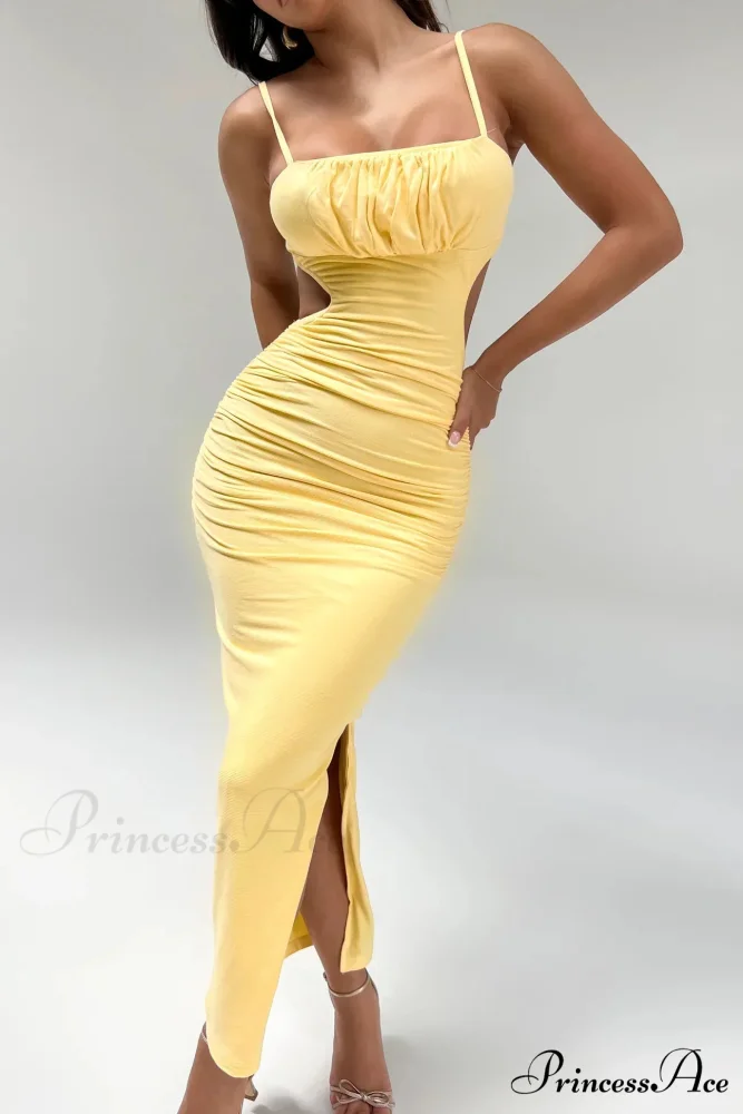 Backless Solid Fold Pleated Side Slit Summer New Women's Suspender Wrapped Buttocks Long Skirt Cut Out Dress - Image 5