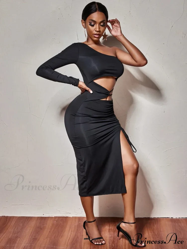 One Shoulder Long Sleeved Hollow High Split Wrapping Nightclub Cut Out Dress - Image 3