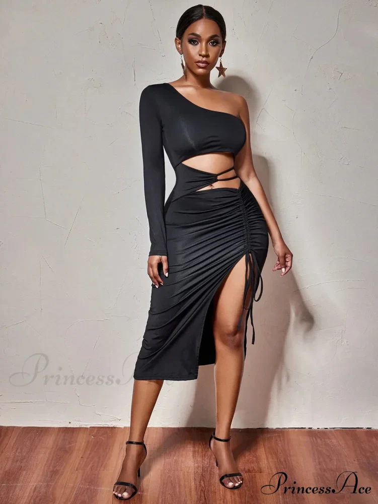 One Shoulder Long Sleeved Hollow High Split Wrapping Nightclub Cut Out Dress - Image 4