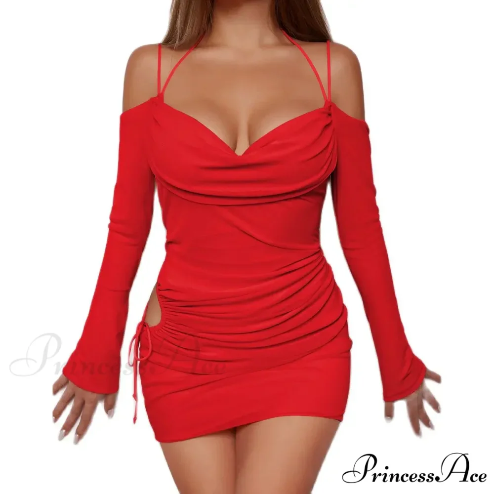 Off Shoulder Mini Long Sleeve Low Cut Lace Up Hollow Out Nightclub Bodycon Backless Cut Out Dress - Image 7