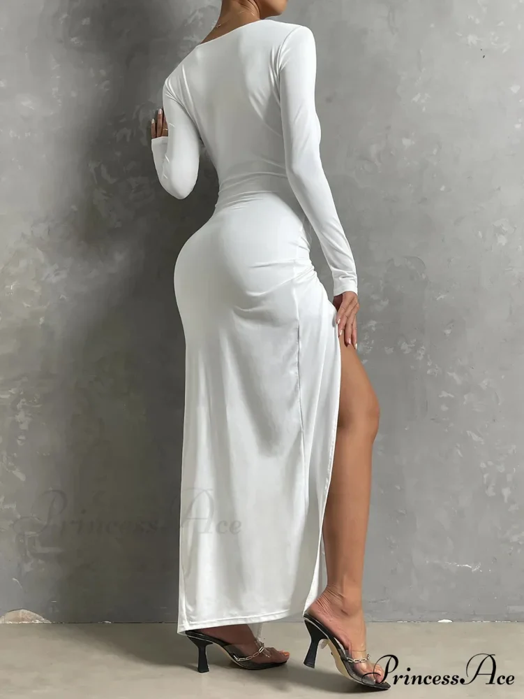Long-sleeved Square Neck Long High Split Nightclub Wear Hollow Out Cut Out Dress - Image 2