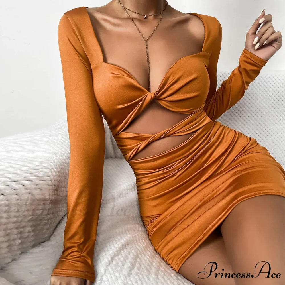 Sleeve Deep V Neck Hollow Out Pleated Ruched Soild Color Cut Out Dress
