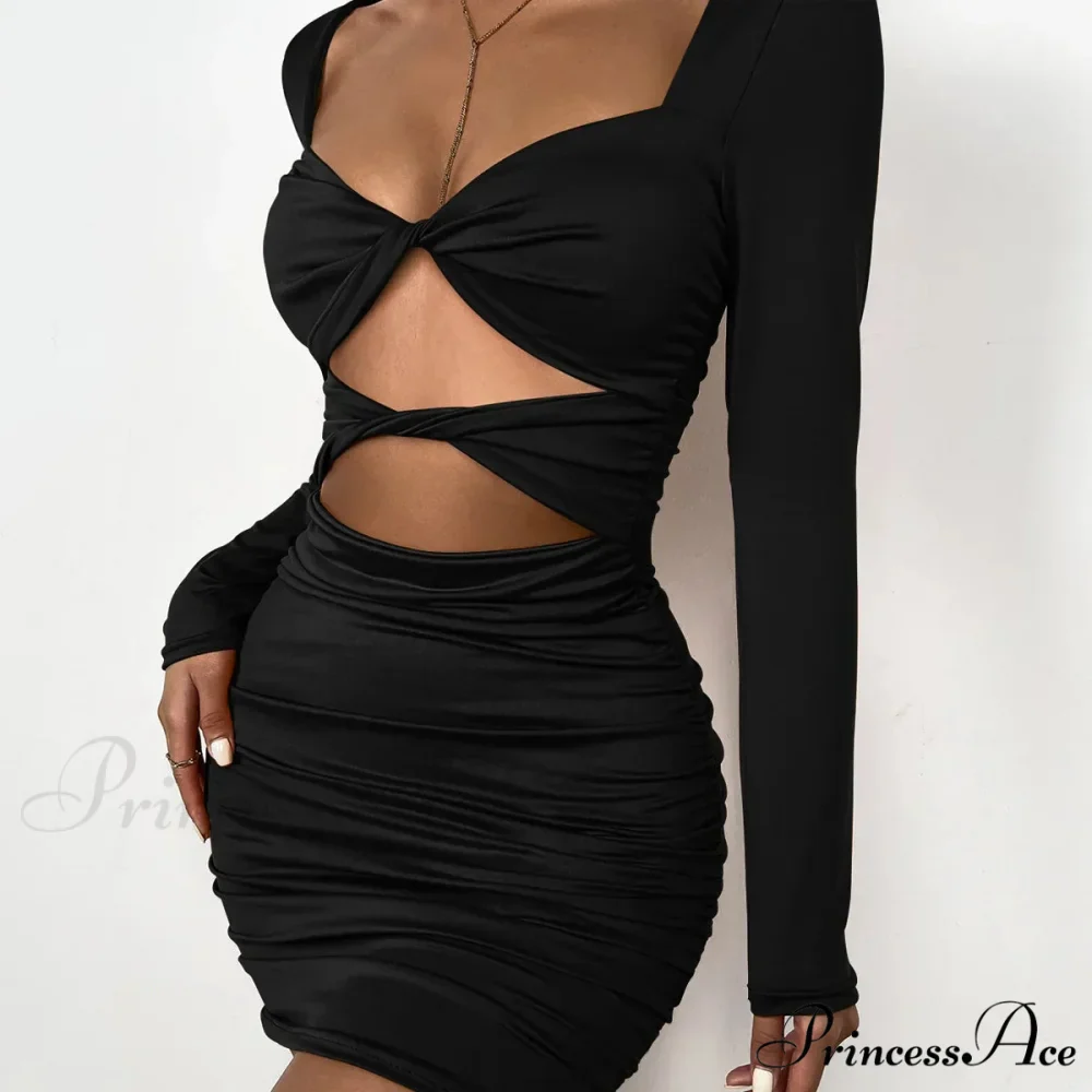 Sleeve Deep V Neck Hollow Out Pleated Ruched Soild Color Cut Out Dress - Image 2