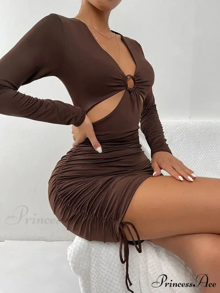 V Neck Long Sleeve Mini Hollow Out Bodycon Pleated Drawstring Elegant Cut Out Dress - Image 6