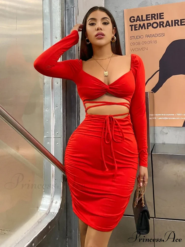 Long Sleeve V-Neck Mini Solid Color Backless Evening Ladies Fashion 2024 Cut Out Dress - Image 5