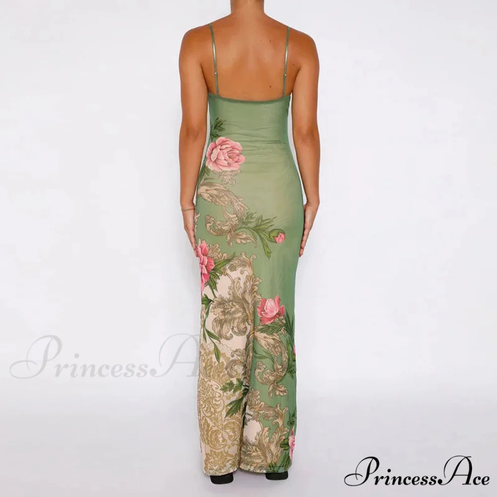 Sleeveless Print Fashion Vneck SlimLong Summer Beach Party Club Robe Floral Dress - Image 2