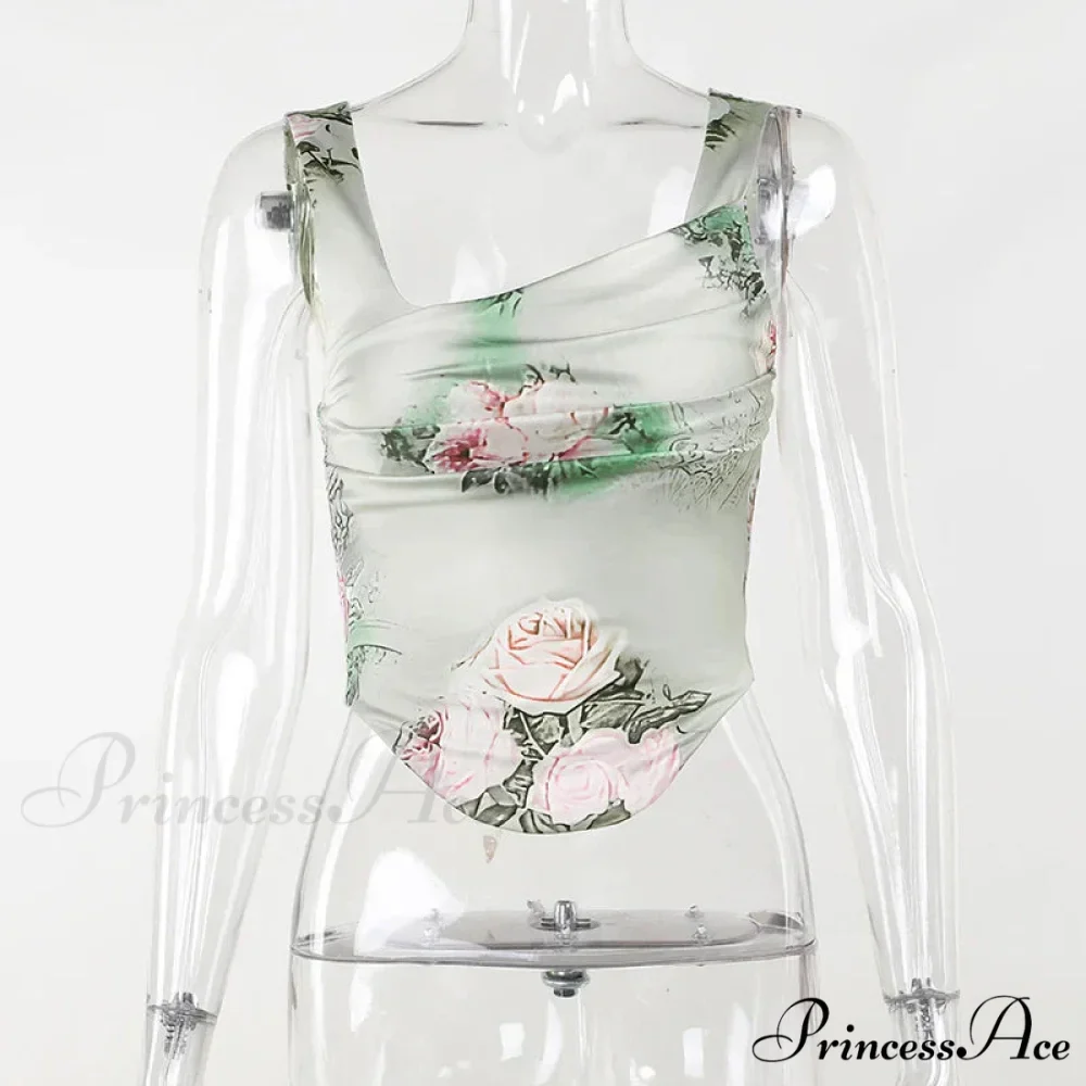 Summer Rose printed Cultivate One's Morality Fashion Suits Condole Belt Vest Tall Waist Sexy Open Fork Skirt Floral Dress - Image 3