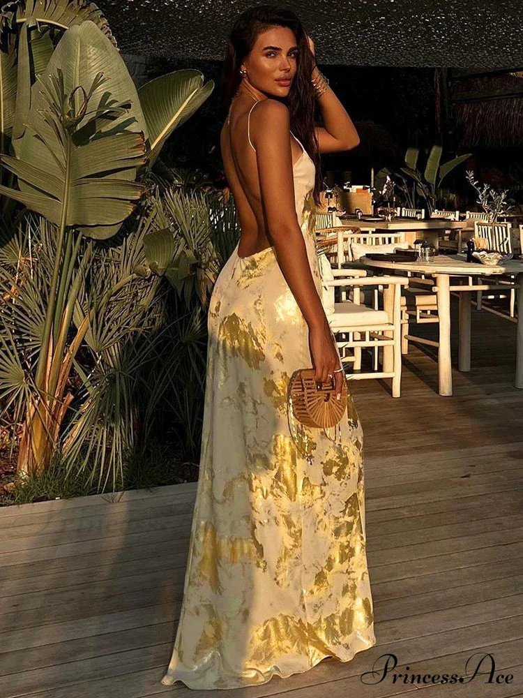 Dulzura Gold Strap V Neck Backless Long Metal Party Club OutFits Y2K Clothes 2024 Summer Floral Dress - Image 3