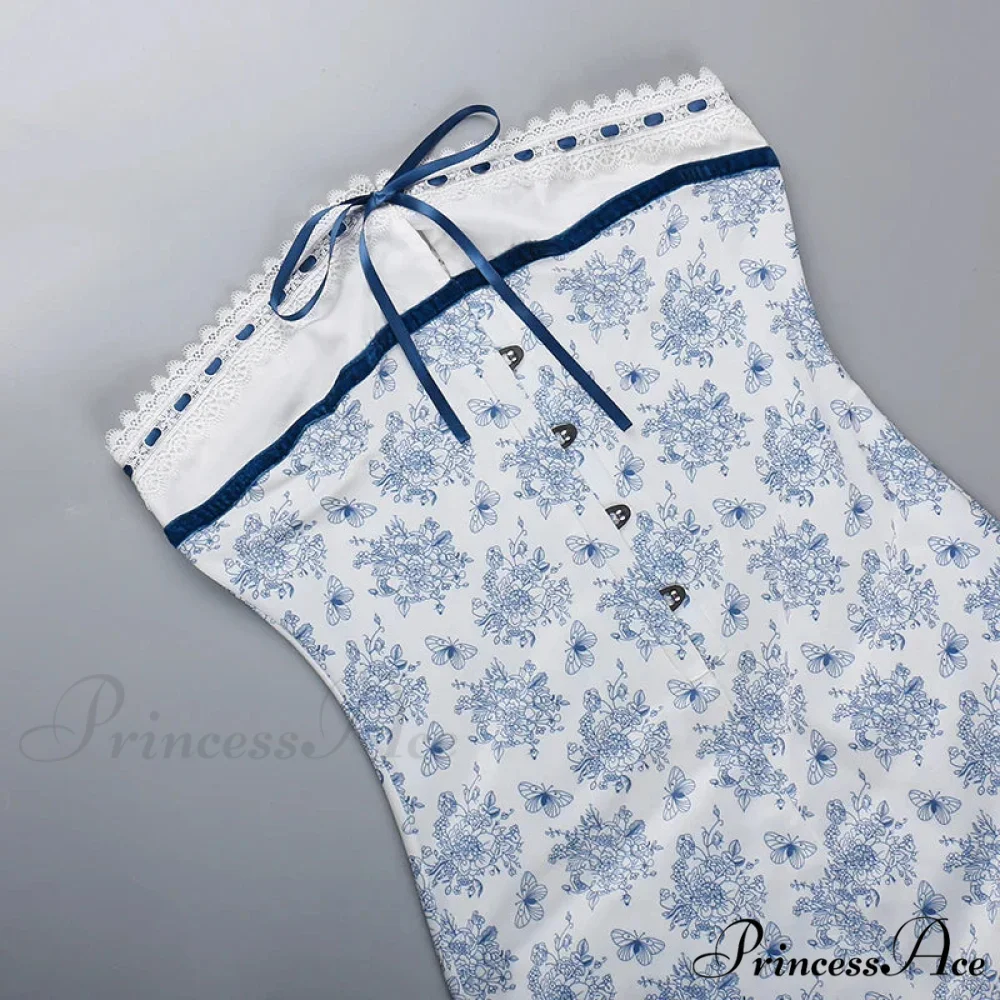 Printed Vacation Off-Shoulder Blue Metal Button Spring Elegant Outside Female Mini Floral Dress - Image 5
