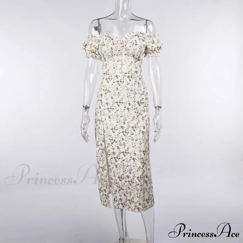 Off Shoulder Flower Print High Split Elegant Long Backless Bodycon Summer Floral Dress - Image 3