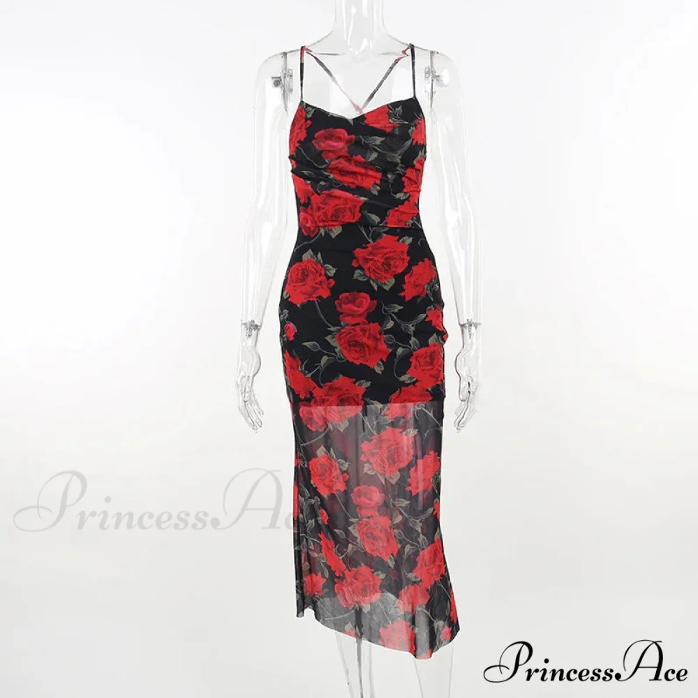 Fresh Rural Style Long SlimPrinted Suspended Spring/Summer Off Shoulder Floral Dress - Image 3