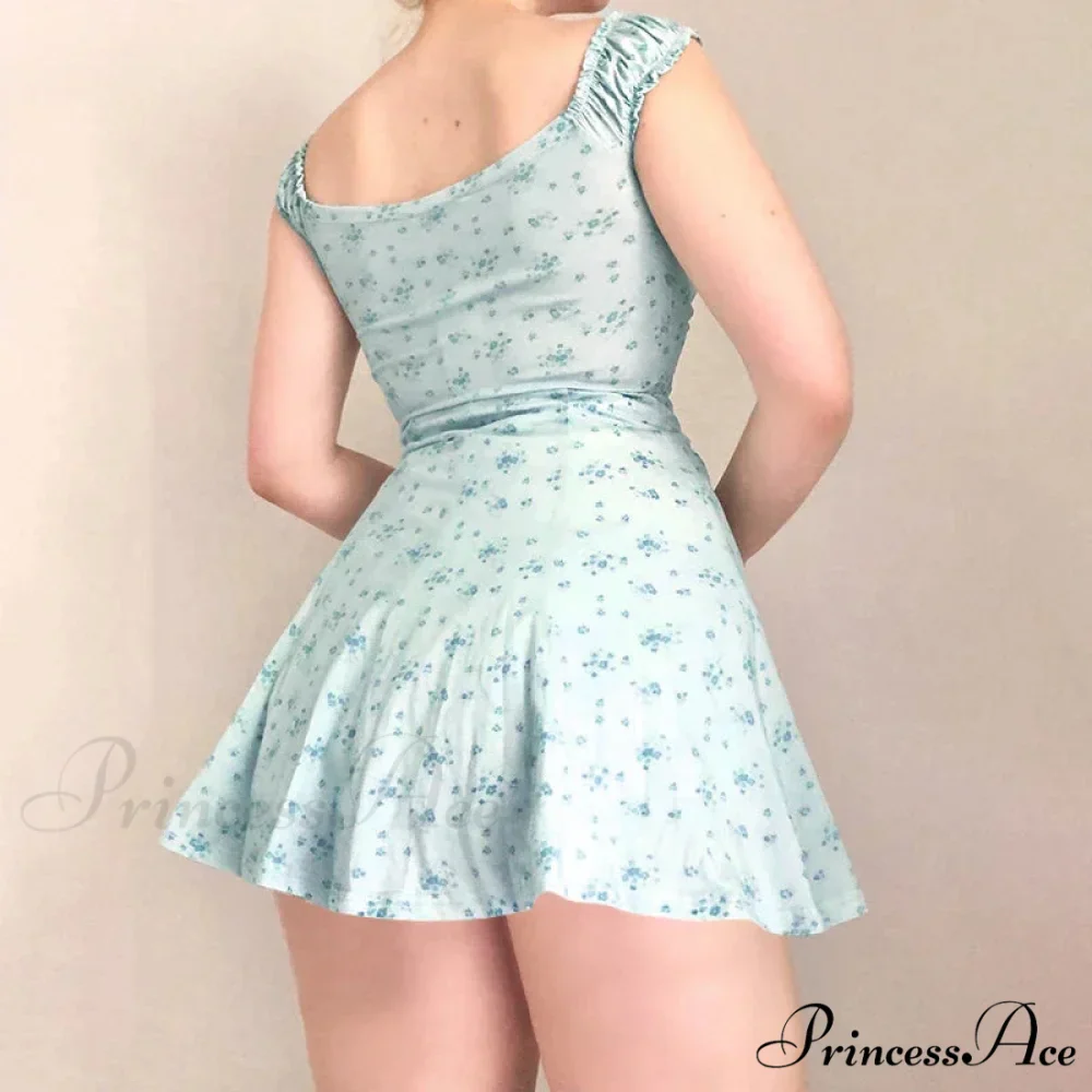 Coquette Y2K PrintPatchwork Lace Trim Vintage Square Neck T-shirts Floral Dress - Image 2
