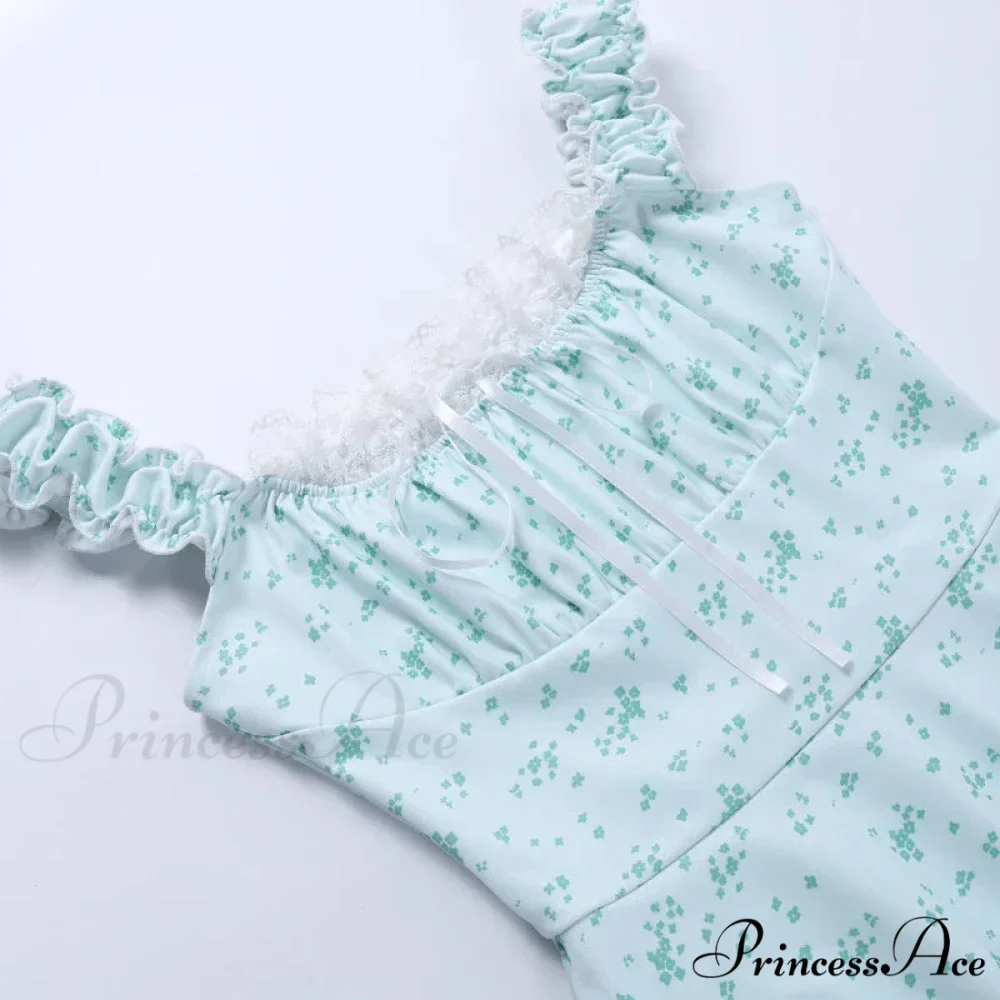 Coquette Y2K PrintPatchwork Lace Trim Vintage Square Neck T-shirts Floral Dress - Image 6