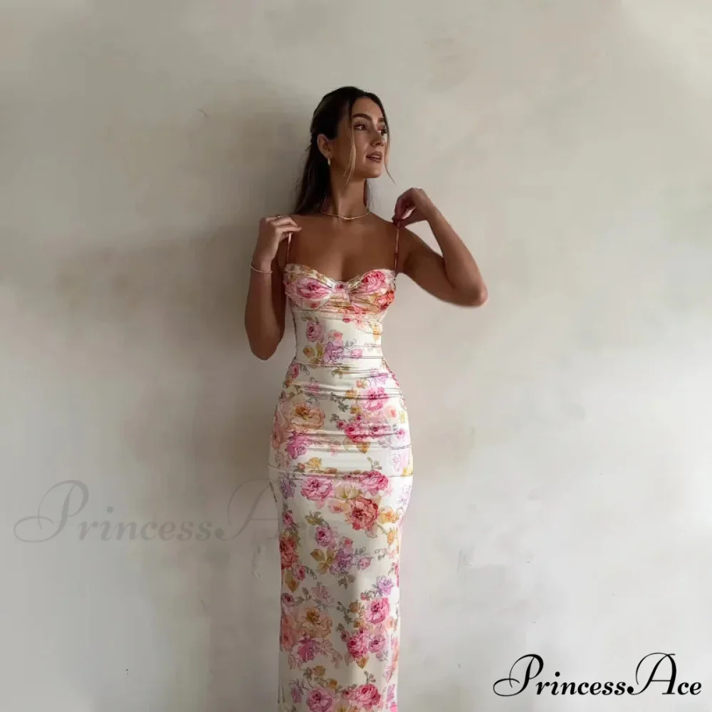 Suspender Split SlimSleeveless Beach Spaghetti Strap 2024 Summer Floral Dress - Image 3