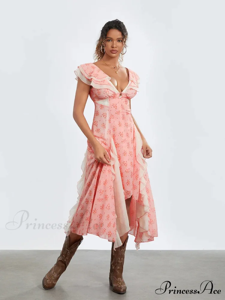 Women Casual Midi Print Ruffles Fly Sleeve V-Neck Holiday Beach Floral Dress - Image 2