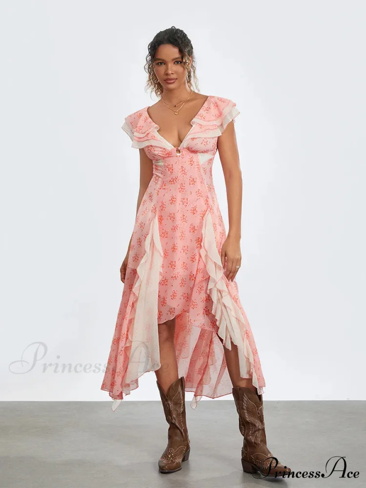 Women Casual Midi Print Ruffles Fly Sleeve V-Neck Holiday Beach Floral Dress - Image 3