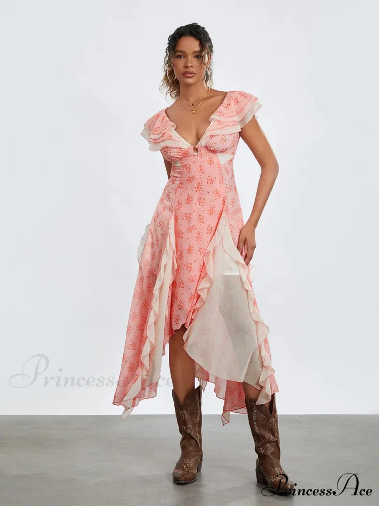 Women Casual Midi Print Ruffles Fly Sleeve V-Neck Holiday Beach Floral Dress - Image 4
