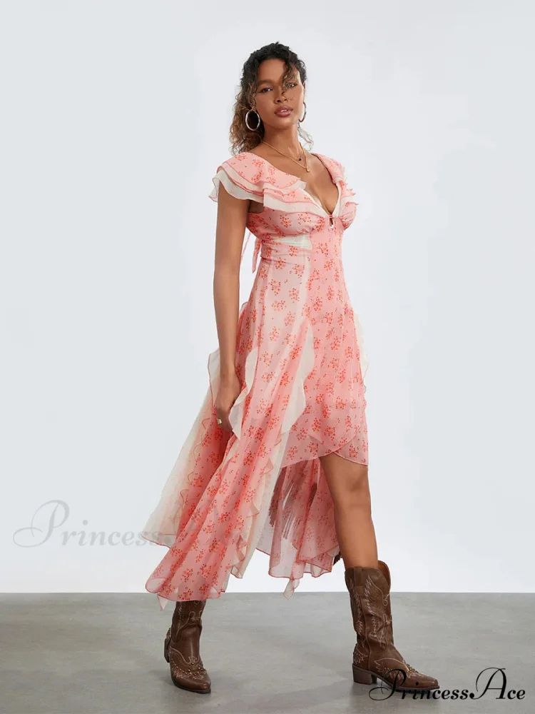 Women Casual Midi Print Ruffles Fly Sleeve V-Neck Holiday Beach Floral Dress - Image 5