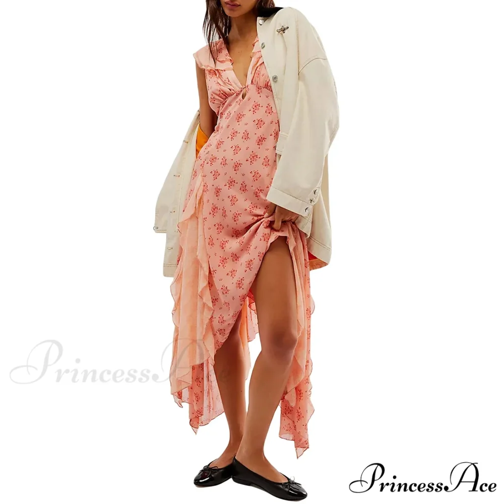 Women Casual Midi Print Ruffles Fly Sleeve V-Neck Holiday Beach Floral Dress - Image 6
